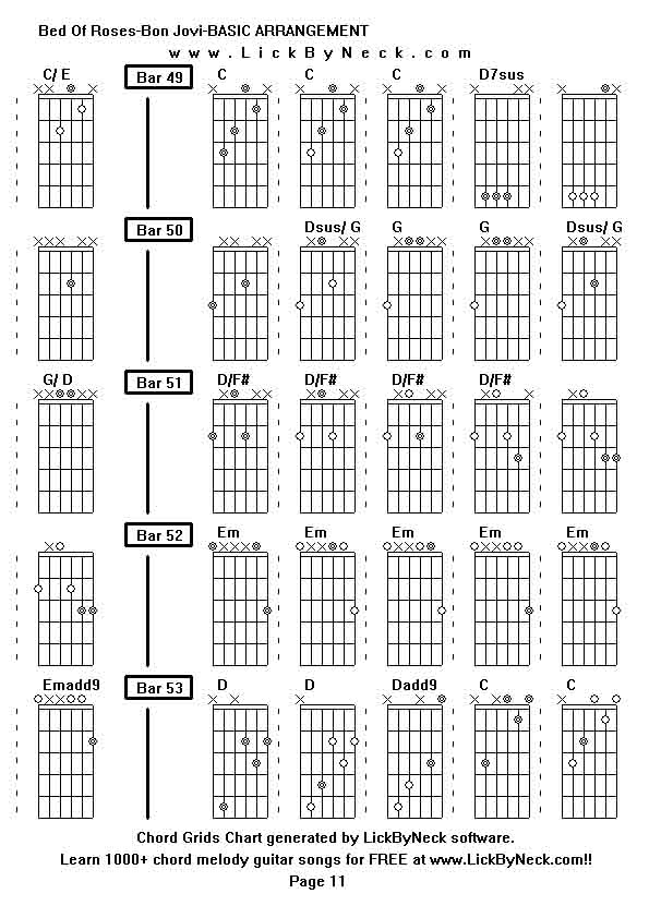 Chord Grids Chart of chord melody fingerstyle guitar song-Bed Of Roses-Bon Jovi-BASIC ARRANGEMENT,generated by LickByNeck software.